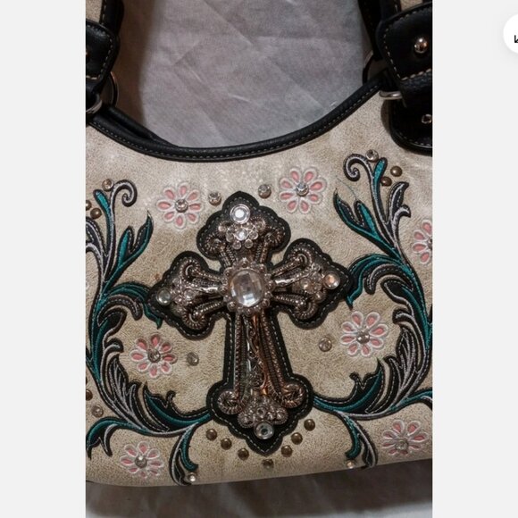 Western Rhinestone Cross Handbag & Wallet Set Tooled Embroidered Purse beige - Picture 3 of 9